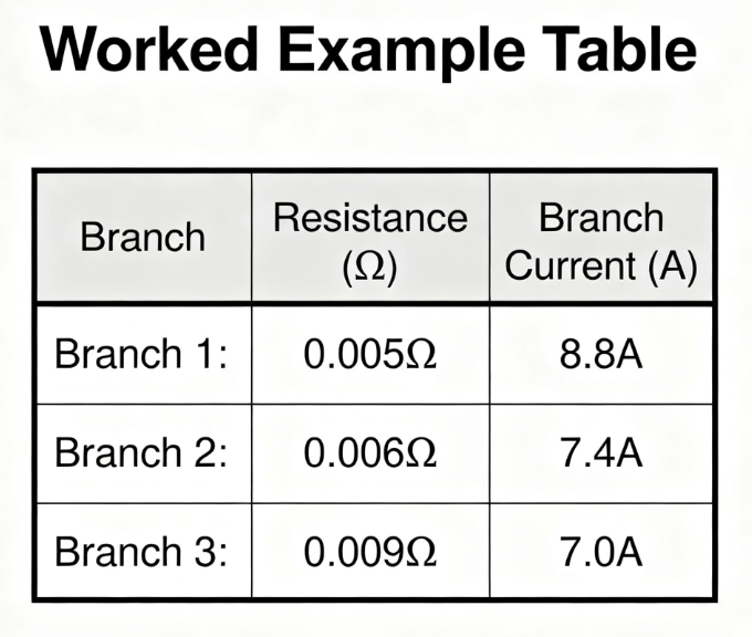 Hcjmpcba Worked Example Table Showing Three Branch Resistances And Branch Currents