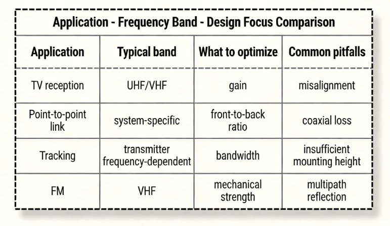 Yagi–uda Comparison Table Of Application Frequency Band Design Focus