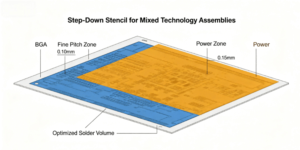 Step Down Stencil For Mixed Technology Assemblies