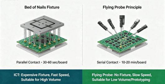 Comparison Diagram Of Ict And Flying Probe Testing Principles