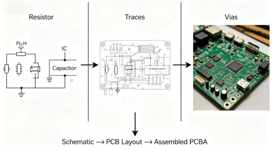 Schematic → Pcb Layout → Assembled Pcba